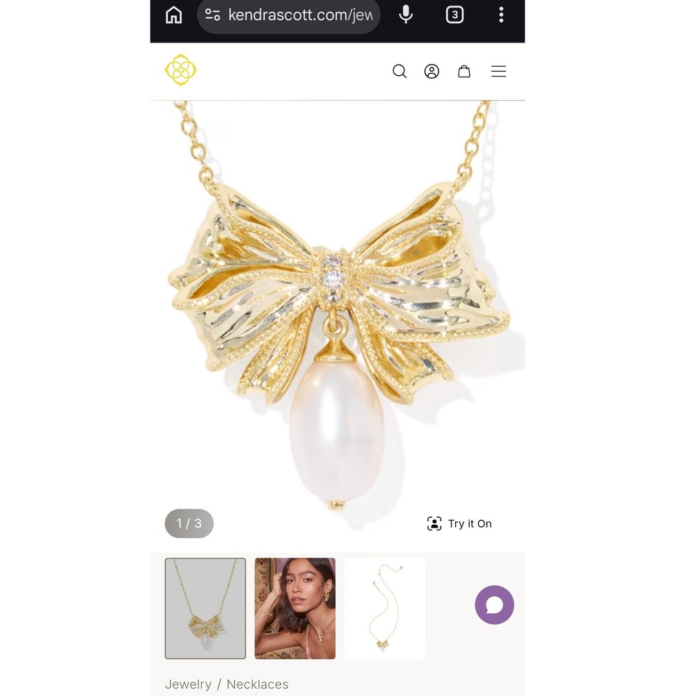 Kendra Scott x LoveShackFancy Pearl Bow Gold Necklace Limited Edition Pendant - Picture 6 of 8